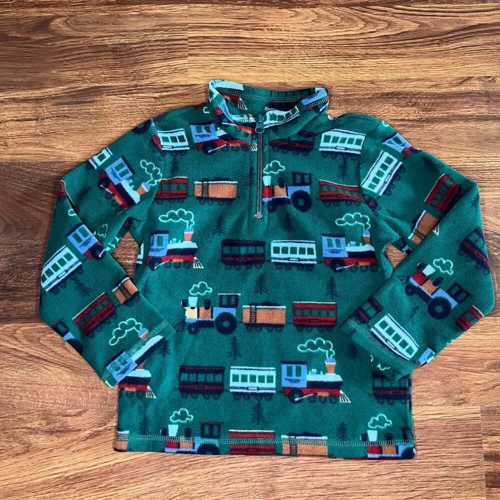 NEW Children’s Place Green Fleece Train Print 1/4 Zip Pullover Top
